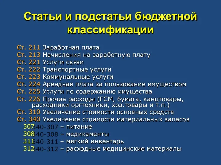 Статьи и подстатьи бюджетной классификации Ст. 211 Заработная плата Ст. 213 Начисления на