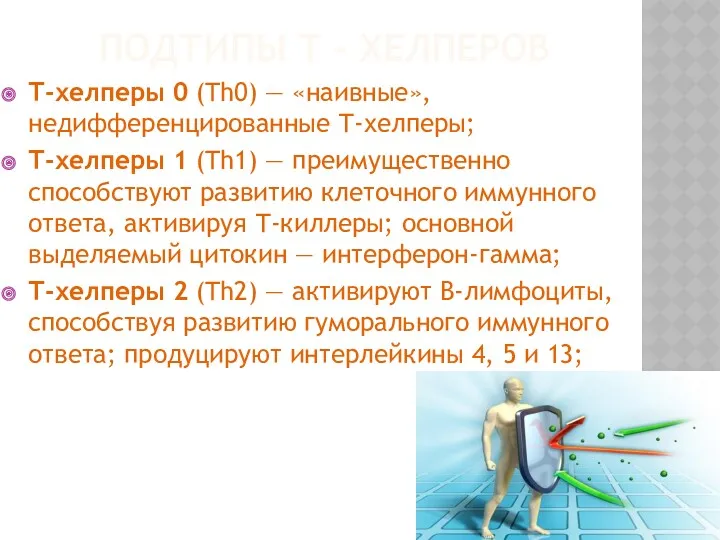 ПОДТИПЫ Т - ХЕЛПЕРОВ Т-хелперы 0 (Th0) — «наивные», недифференцированные Т-хелперы; Т-хелперы 1