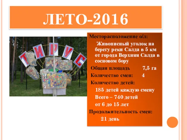 ЛЕТО-2016 Месторасположение о/л: Живописный уголок на берегу реки Салда в