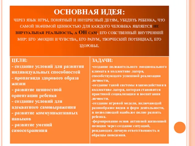 ОСНОВНАЯ ИДЕЯ: через язык игры, понятный и интересный детям, убедить