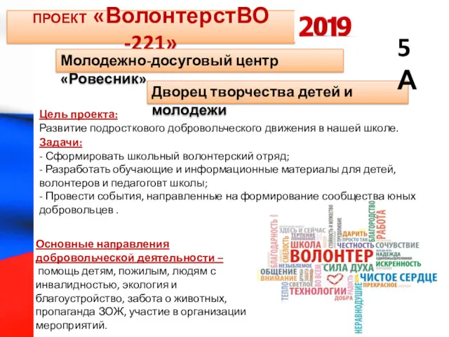 ПРОЕКТ «ВолонтерстВО -221» Цель проекта: Развитие подросткового добровольческого движения в нашей школе. Задачи: