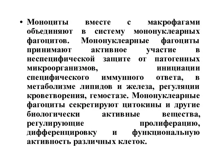 Моноциты вместе с макрофагами объединяют в систему мононуклеарных фагоцитов. Мононуклеарные