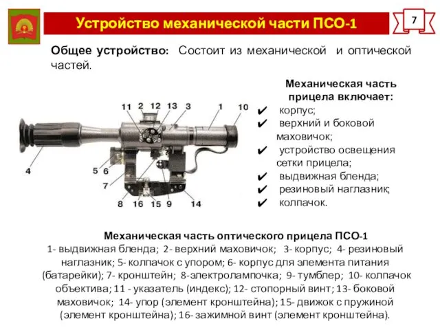 Устройство механической части ПСО-1 7 Механическая часть оптического прицела ПСО-1 1- выдвижная бленда;
