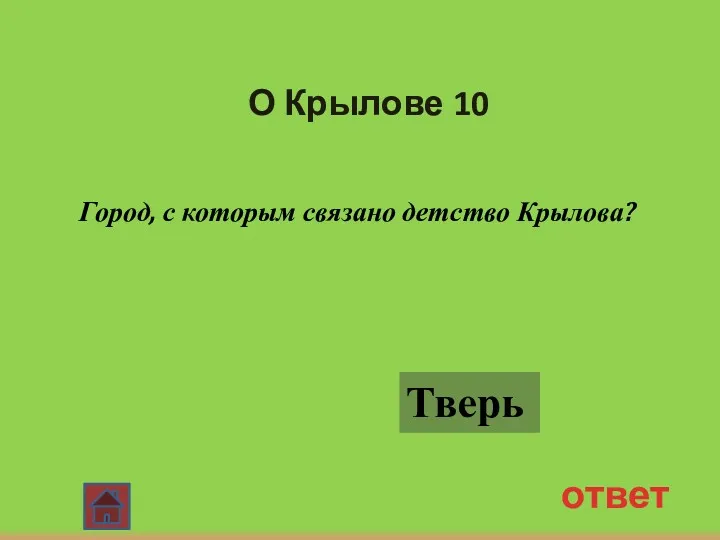 О Крылове 10 Город, с которым связано детство Крылова? ответ Тверь