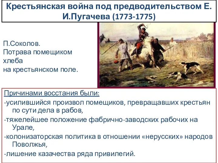 Крестьянская война под предводительством Е.И.Пугачева (1773-1775) Причинами восстания были: -усилившийся