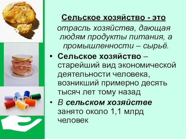 Сельское хозяйство - это отрасль хозяйства, дающая людям продукты питания,