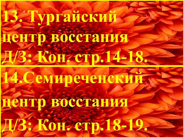 13. Тургайский центр восстания Д/З: Кон. стр.14-18. 14.Семиреченский центр восстания Д/З: Кон. стр.18-19.