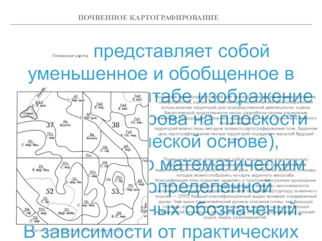 ПОЧВЕННОЕ КАРТОГРАФИРОВАНИЕ Почвенная карта представляет собой уменьшенное и обобщенное в