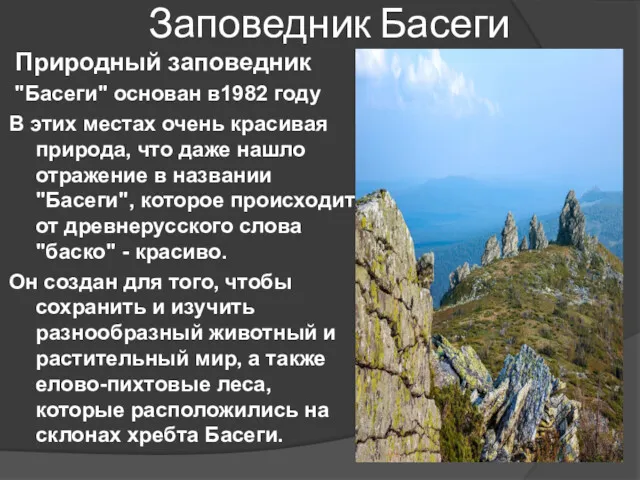 Заповедник Басеги Природный заповедник "Басеги" основан в1982 году В этих