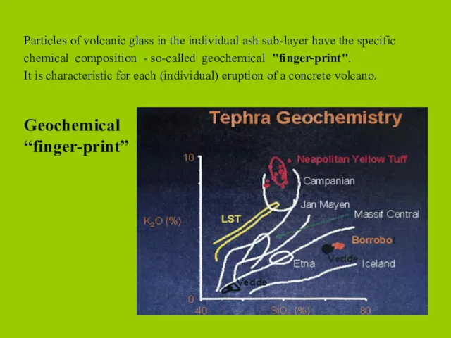 Particles of volcanic glass in the individual ash sub-layer have