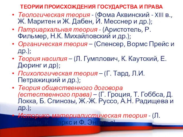 ТЕОРИИ ПРОИСХОЖДЕНИЯ ГОСУДАРСТВА И ПРАВА Теологическая теория - (Фома Аквинский