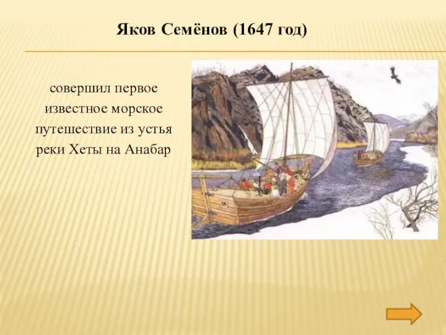 Яков Семёнов (1647 год) совершил первое известное морское путешествие из устья реки Хеты на Анабар