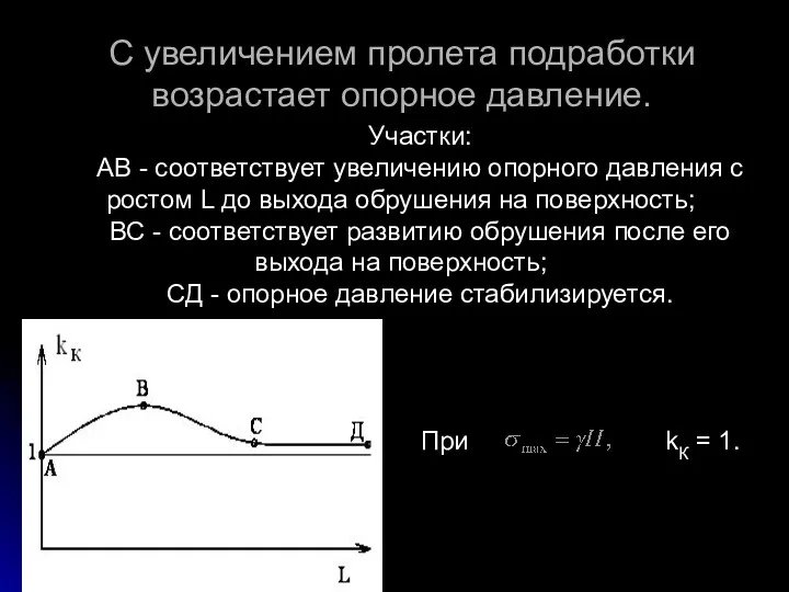 С увеличением пролета подработки возрастает опорное давление. При kК =