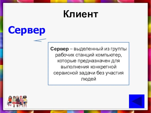 Клиент Сервер Сервер – выделенный из группы рабочих станций компьютер,