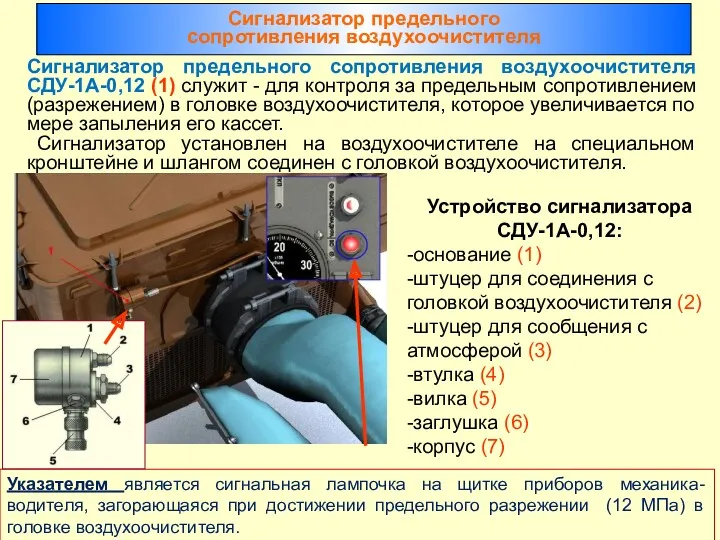 Сигнализатор предельного сопротивления воздухоочистителя СДУ-1А-0,12 (1) служит - для контроля за предельным сопротивлением