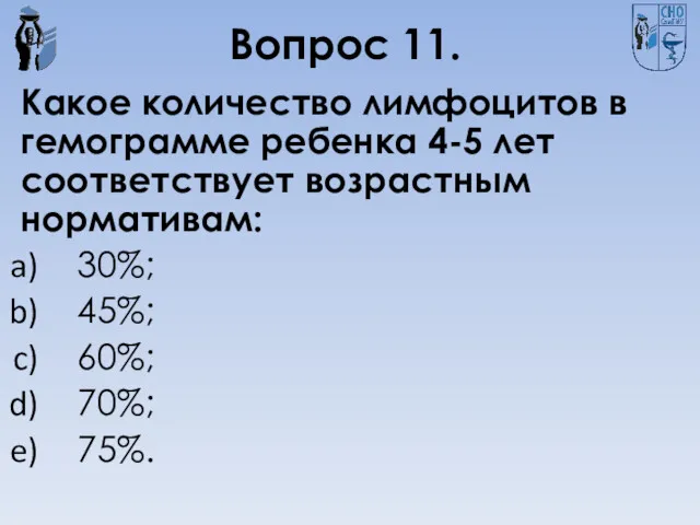 Вопрос 11. Какое количество лимфоцитов в гемограмме ребенка 4-5 лет