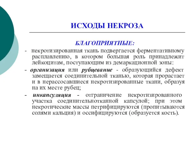 ИСХОДЫ НЕКРОЗА БЛАГОПРИЯТНЫЕ: - некротизированная ткань подвергается ферментативному расплавлению, в