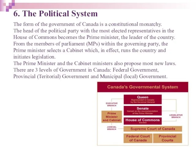 6. The Political System The form of the government of Canada is a