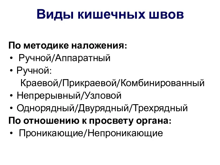 Виды кишечных швов По методике наложения: Ручной/Аппаратный Ручной: Краевой/Прикраевой/Комбинированный Непрерывный/Узловой Однорядный/Двурядный/Трехрядный По отношению