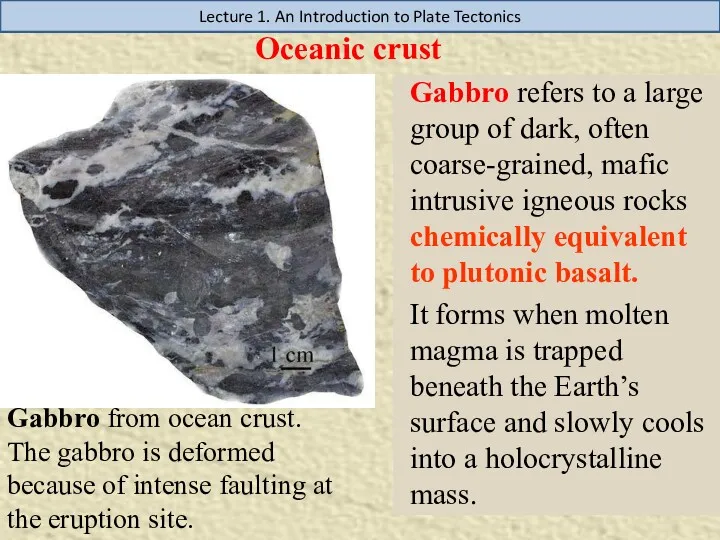 Lecture 1. An Introduction to Plate Tectonics Oceanic crust Gabbro from ocean crust.