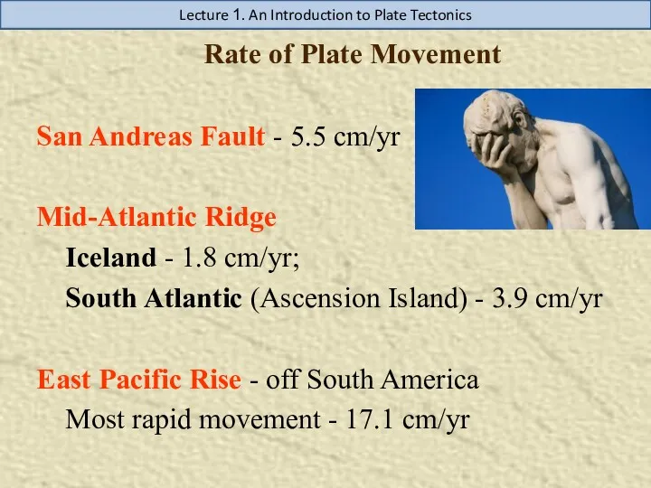 Rate of Plate Movement San Andreas Fault - 5.5 cm/yr Mid-Atlantic Ridge Iceland