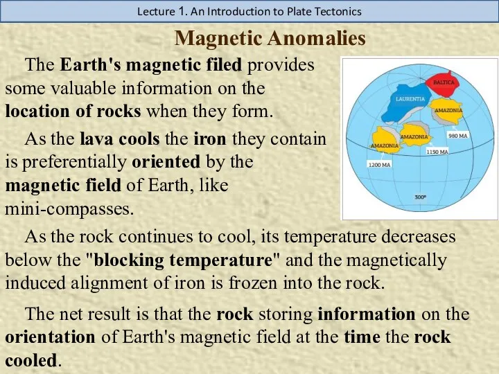 Lecture 1. An Introduction to Plate Tectonics Magnetic Anomalies The Earth's magnetic filed