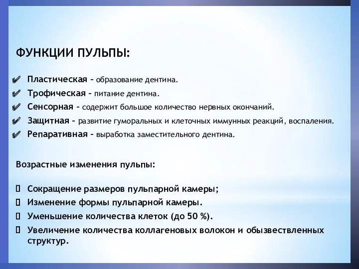 ФУНКЦИИ ПУЛЬПЫ: Пластическая – образование дентина. Трофическая – питание дентина.