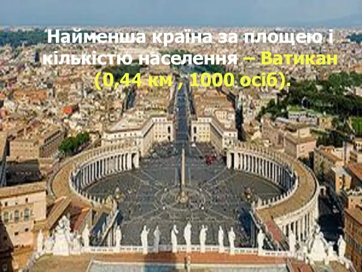 Найменша країна за площею і кількістю населення – Ватикан (0,44 км , 1000 осіб).