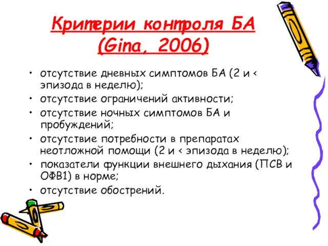 Критерии контроля БА (Gina, 2006) отсутствие дневных симптомов БА (2