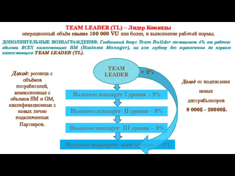 TEAM LEADER (TL) – Лидер Команды операционный объём свыше 100