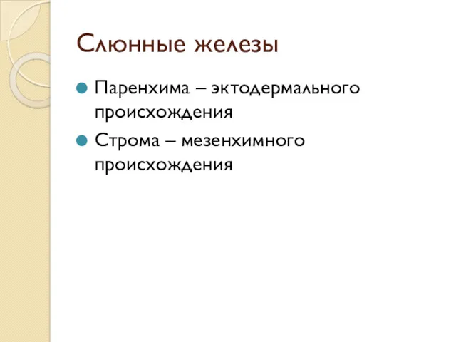 Слюнные железы Паренхима – эктодермального происхождения Строма – мезенхимного происхождения