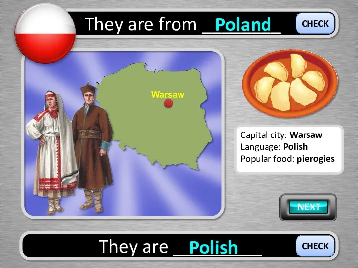 They are from ________ Poland They are _________ Polish CHECK CHECK Capital city: