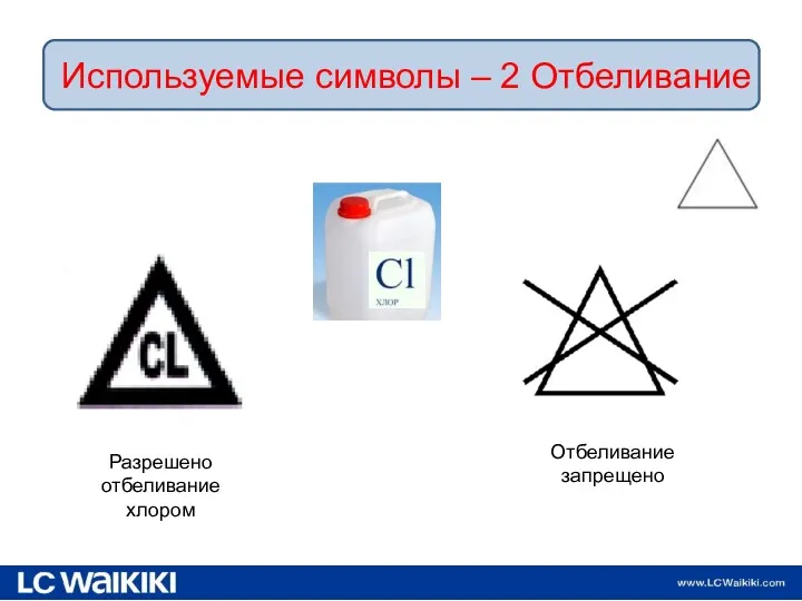 19.02.2013 Используемые символы – 2 Отбеливание Отбеливание запрещено Разрешено отбеливание хлором