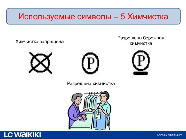 19.02.2013 Используемые символы – 5 Химчистка Химчистка запрещена Разрешена химчистка Разрешена бережная химчистка