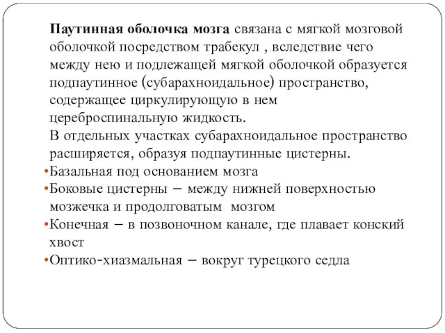 Паутинная оболочка мозга связана с мягкой мозговой оболочкой посредством трабекул , вследствие чего