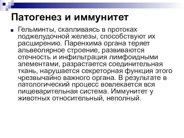 Патогенез и иммунитет Гельминты, скапливаясь в протоках поджелудочной железы, способствуют