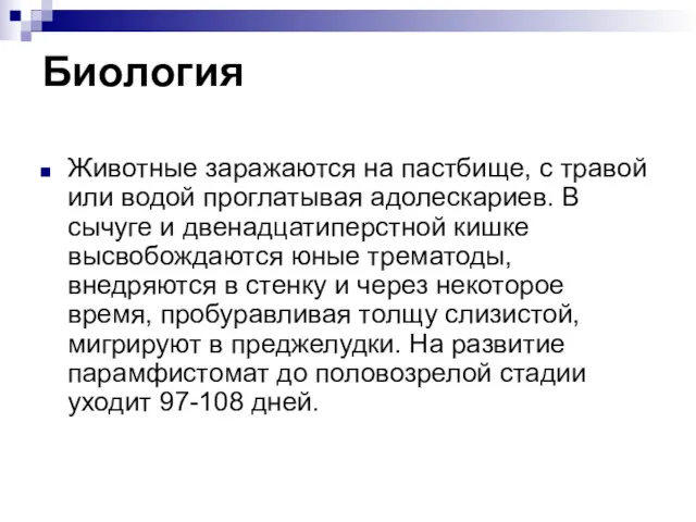 Биология Животные заражаются на пастбище, с травой или водой проглатывая адолескариев. В сычуге