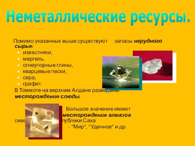 Помимо указанных выше существуют запасы нерудного сырья: известняки, мергель, огнеупорные