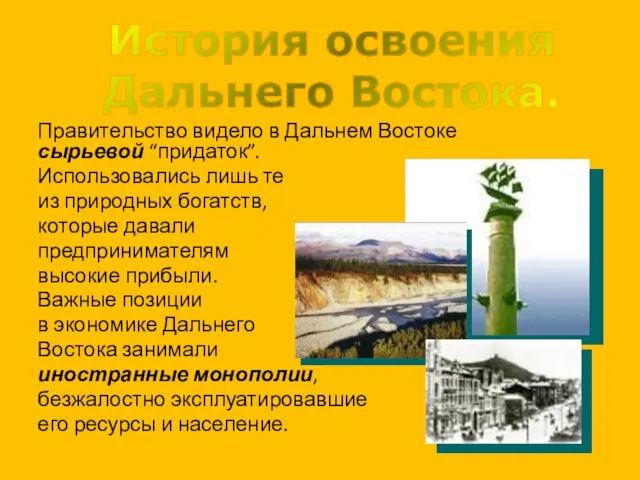 Правительство видело в Дальнем Востоке сырьевой “придаток”. Использовались лишь те