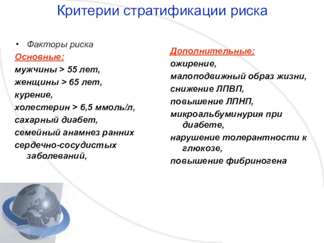 Критерии стратификации риска Факторы риска Основные: мужчины > 55 лет,