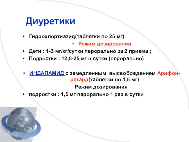 Гидрохлортиазид(таблетки по 25 мг) Режим дозирования Дети : 1-3 мг/кг/сутки