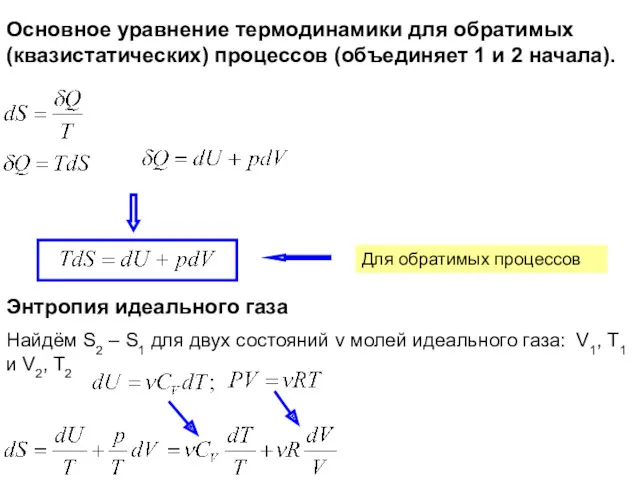 Основное уравнение термодинамики для обратимых (квазистатических) процессов (объединяет 1 и