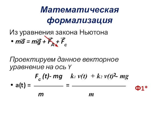 Математическая формализация Из уравнения закона Ньютона ma = mg +