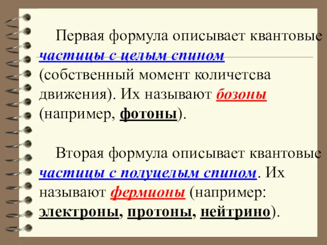 Первая формула описывает квантовые частицы с целым спином (собственный момент