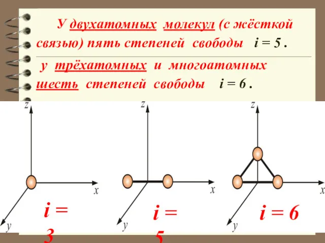 У двухатомных молекул (с жёсткой связью) пять степеней свободы i