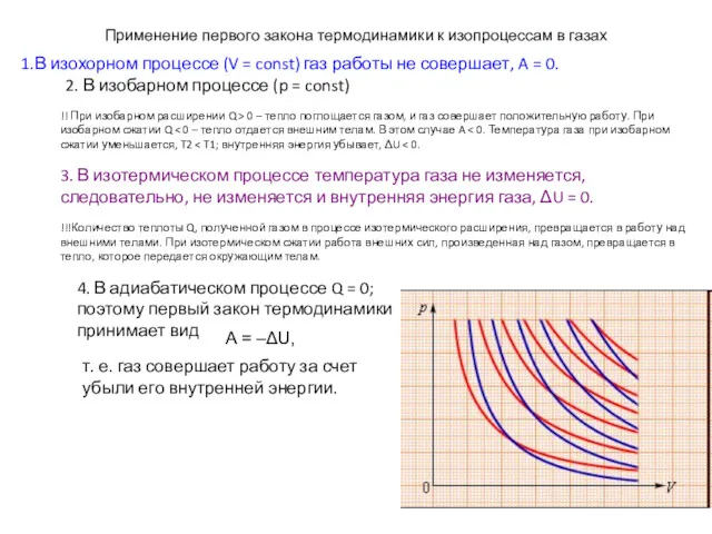 Применение первого закона термодинамики к изопроцессам в газах 1.В изохорном