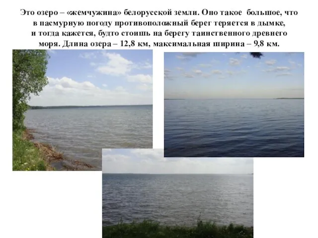 Это озеро – «жемчужина» белорусской земли. Оно такое большое, что в пасмурную погоду