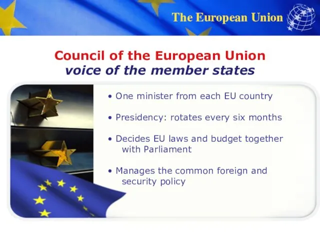 Council of the European Union voice of the member states One minister from