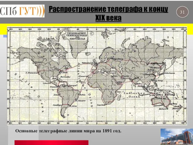 Распространение телеграфа к концу XIX века Основные телеграфные линии мира на 1891 год.