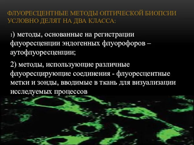 ФЛУОРЕСЦЕНТНЫЕ МЕТОДЫ ОПТИЧЕСКОЙ БИОПСИИ УСЛОВНО ДЕЛЯТ НА ДВА КЛАССА: 1) методы, основанные на